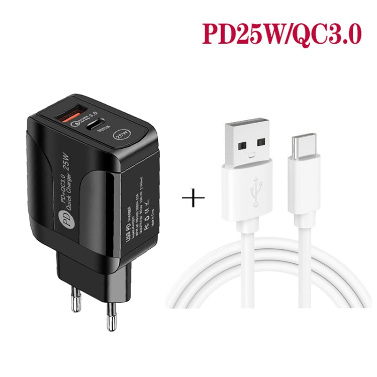 PD25W USB-C / Type-C + QC3.0 USB Dual Ports Fast Charger with USB to Type-C Data Cable, EU Plug, EU Plug + USB to Type-C Cable
