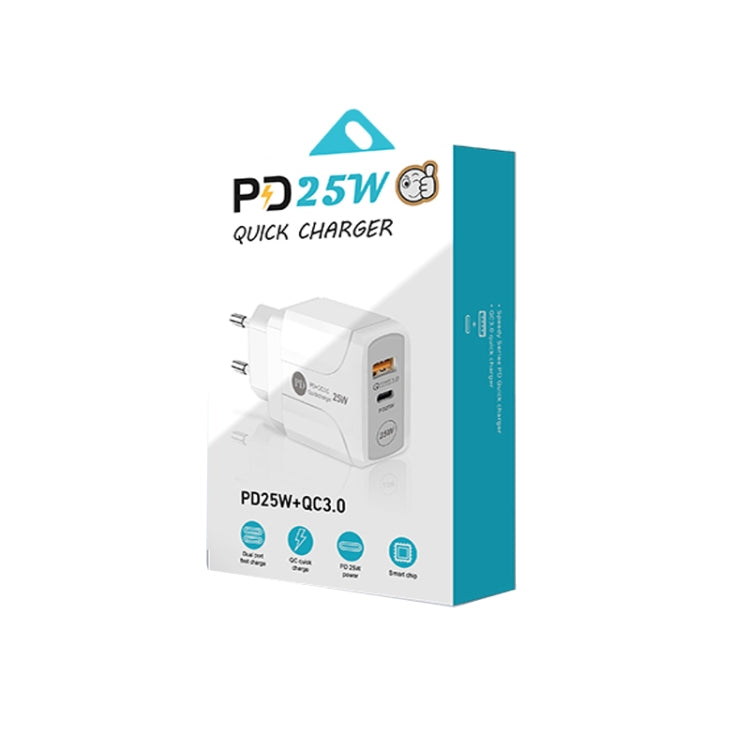 PD25W USB-C / Type-C + QC3.0 USB Dual Ports Fast Charger with USB to Type-C Data Cable, EU Plug, EU Plug + USB to Type-C Cable