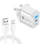 PD25W USB-C / Type-C + QC3.0 USB Dual Ports Fast Charger with USB to Type-C Data Cable, UK Plug, UK Plug + USB to Type-C Cable