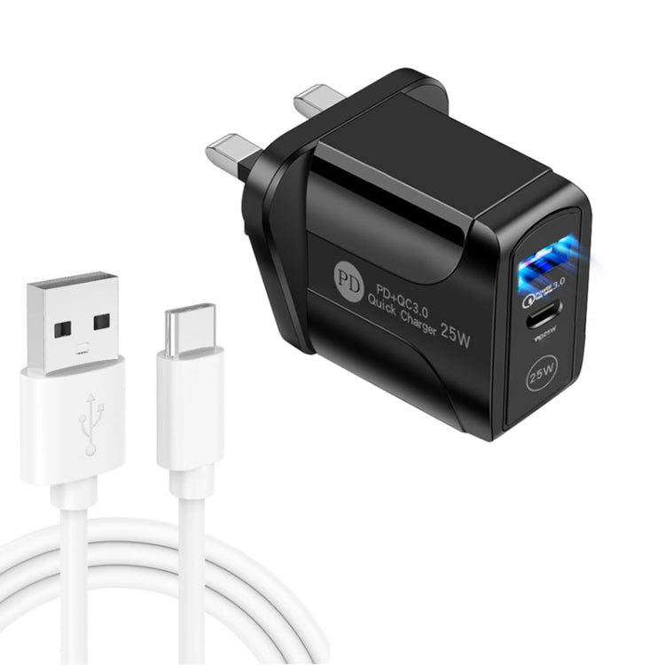 PD25W USB-C / Type-C + QC3.0 USB Dual Ports Fast Charger with USB to Type-C Data Cable, UK Plug, UK Plug + USB to Type-C Cable