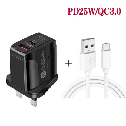 PD25W USB-C / Type-C + QC3.0 USB Dual Ports Fast Charger with USB to Type-C Data Cable, UK Plug, UK Plug + USB to Type-C Cable