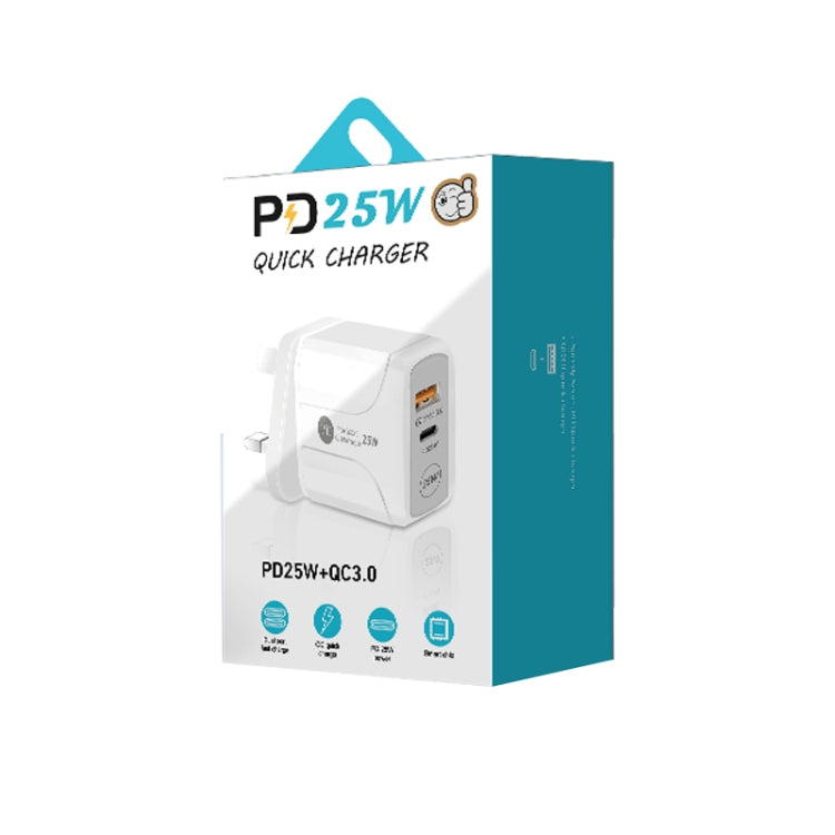 PD25W USB-C / Type-C + QC3.0 USB Dual Ports Fast Charger with USB to Type-C Data Cable, UK Plug, UK Plug + USB to Type-C Cable