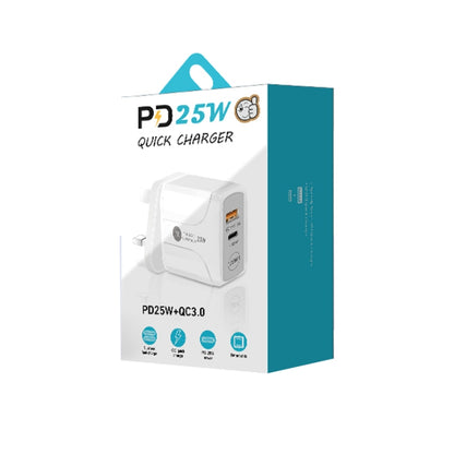 PD25W USB-C / Type-C + QC3.0 USB Dual Ports Fast Charger with USB to Type-C Data Cable, UK Plug, UK Plug + USB to Type-C Cable