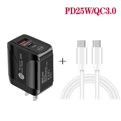 PD25W USB-C / Type-C + QC3.0 USB Dual Ports Fast Charger with USB-C to USB-C Data Cable, US Plug, US Plug + USB-C to USB-C Cable