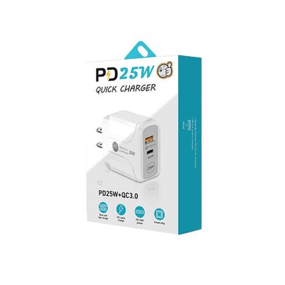 PD25W USB-C / Type-C + QC3.0 USB Dual Ports Fast Charger with USB-C to USB-C Data Cable, US Plug, US Plug + USB-C to USB-C Cable