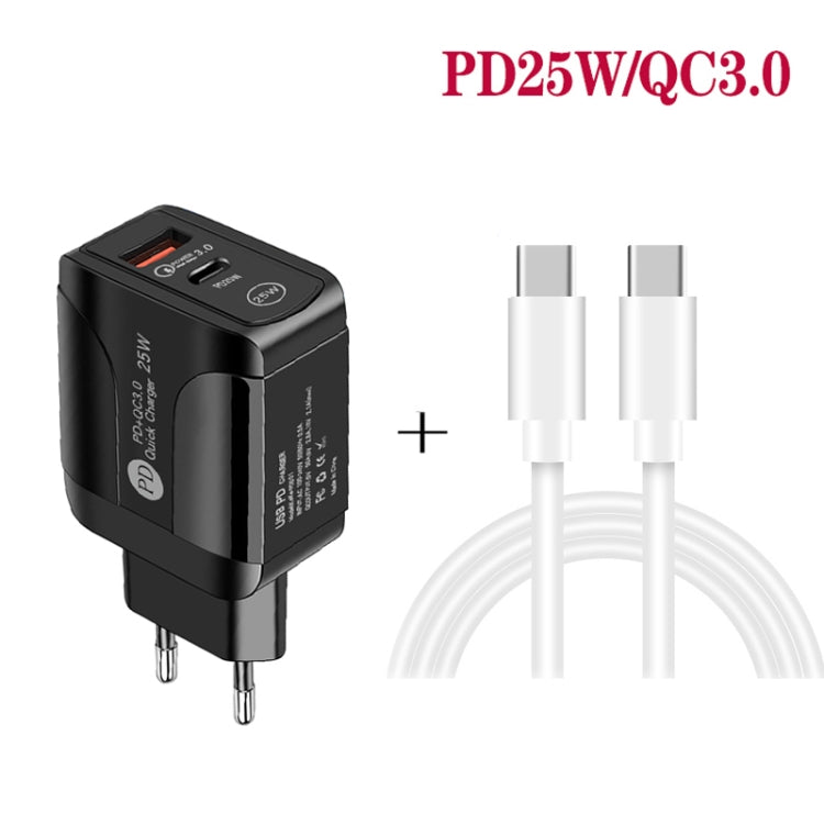 PD25W USB-C / Type-C + QC3.0 USB Dual Ports Fast Charger with USB-C to USB-C Data Cable, EU Plug, EU Plug + USB-C to USB-C Cable