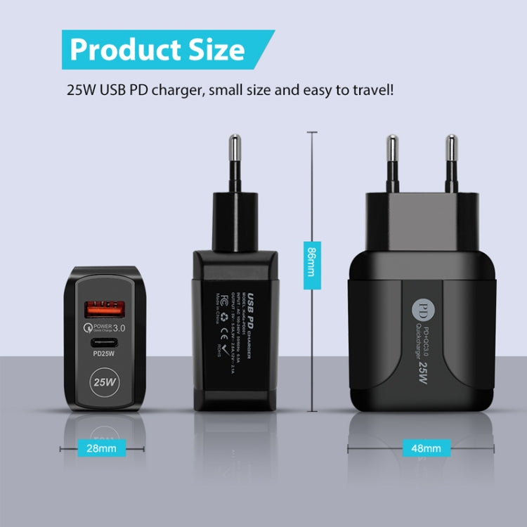 PD25W USB-C / Type-C + QC3.0 USB Dual Ports Fast Charger with USB-C to USB-C Data Cable, EU Plug, EU Plug + USB-C to USB-C Cable