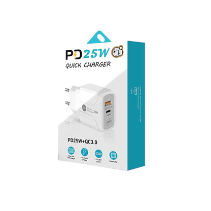 PD25W USB-C / Type-C + QC3.0 USB Dual Ports Fast Charger with USB-C to USB-C Data Cable, EU Plug, EU Plug + USB-C to USB-C Cable