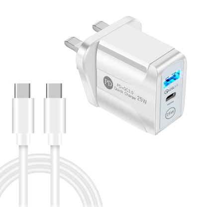PD25W USB-C / Type-C + QC3.0 USB Dual Ports Fast Charger with USB-C to USB-C Data Cable, UK Plug, UK Plug + USB-C to USB-C Cable