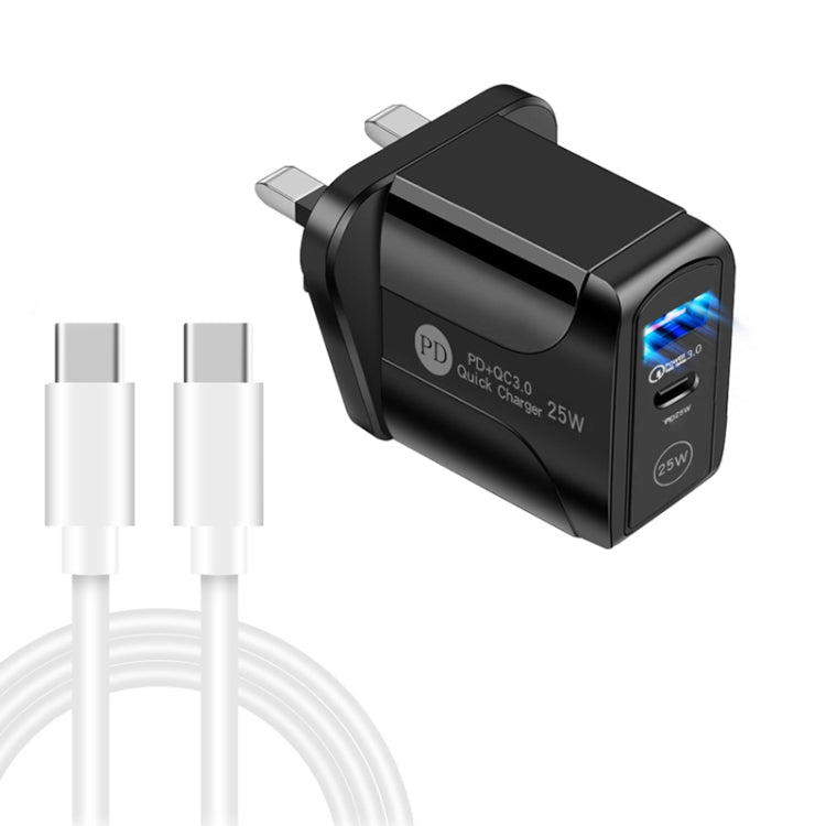 PD25W USB-C / Type-C + QC3.0 USB Dual Ports Fast Charger with USB-C to USB-C Data Cable, UK Plug, UK Plug + USB-C to USB-C Cable