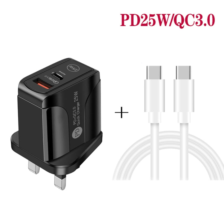 PD25W USB-C / Type-C + QC3.0 USB Dual Ports Fast Charger with USB-C to USB-C Data Cable, UK Plug, UK Plug + USB-C to USB-C Cable