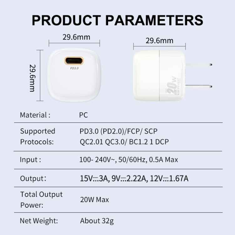 ENKAY APQ-011 Mini PD 20W USB-C / Type-C Port Fast Charger, US Plug