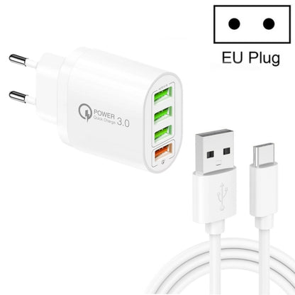 QC-04 QC3.0 + 3 x USB2.0 Multi-ports Charger with 3A USB to Type-C Data Cable, EU Plug, EU Plug + Type-C Cable