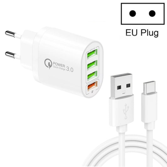 QC-04 QC3.0 + 3 x USB2.0 Multi-ports Charger with 3A USB to Type-C Data Cable, EU Plug, EU Plug + Type-C Cable