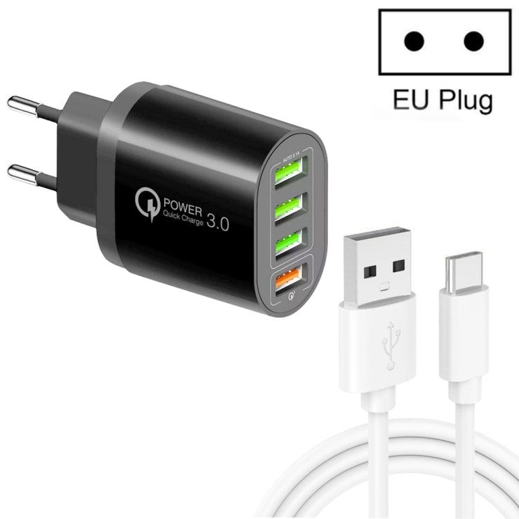 QC-04 QC3.0 + 3 x USB2.0 Multi-ports Charger with 3A USB to Type-C Data Cable, EU Plug, EU Plug + Type-C Cable