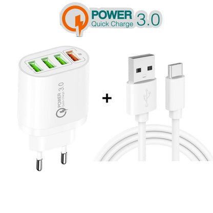 QC-04 QC3.0 + 3 x USB2.0 Multi-ports Charger with 3A USB to Type-C Data Cable, EU Plug, EU Plug + Type-C Cable