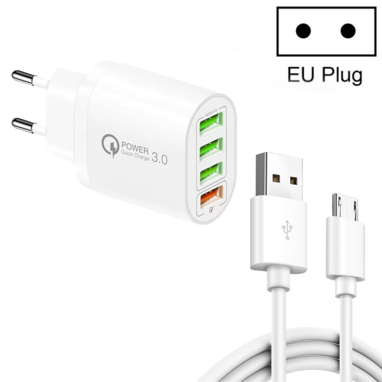 QC-04 QC3.0 + 3 x USB2.0 Multi-ports Charger with 3A USB to Micro USB Data Cable, EU Plug, EU Plug + Micro USB Cable