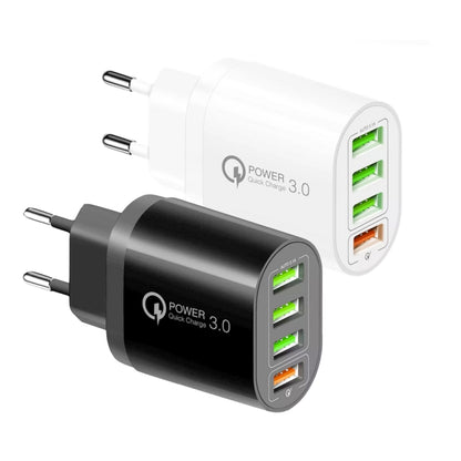 QC-04 QC3.0 + 3 x USB2.0 Multi-ports Charger with 3A USB to Micro USB Data Cable, EU Plug, EU Plug + Micro USB Cable