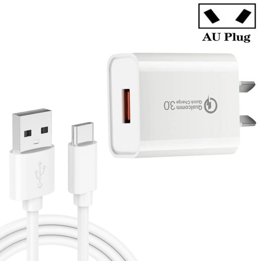 CA-25 QC3.0 USB 3A Fast Charger with 1m USB to Type-C Data Cable, AU Plug, AU Plug + Type-C Cable