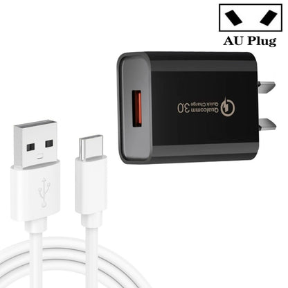 CA-25 QC3.0 USB 3A Fast Charger with 1m USB to Type-C Data Cable, AU Plug, AU Plug + Type-C Cable