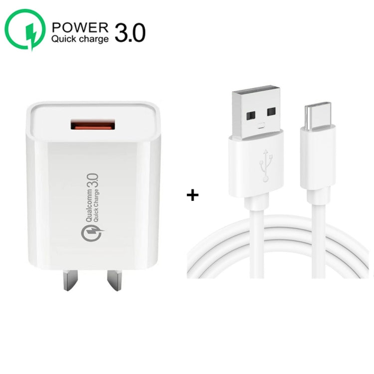 CA-25 QC3.0 USB 3A Fast Charger with 1m USB to Type-C Data Cable, AU Plug, AU Plug + Type-C Cable