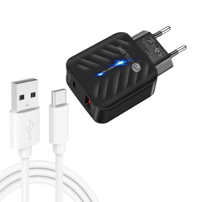 PD03 20W PD3.0 + QC3.0 USB Charger with USB to Type-C Data Cable, EU Plug, EU Plug, EU Plug + USB to Type-C Cable
