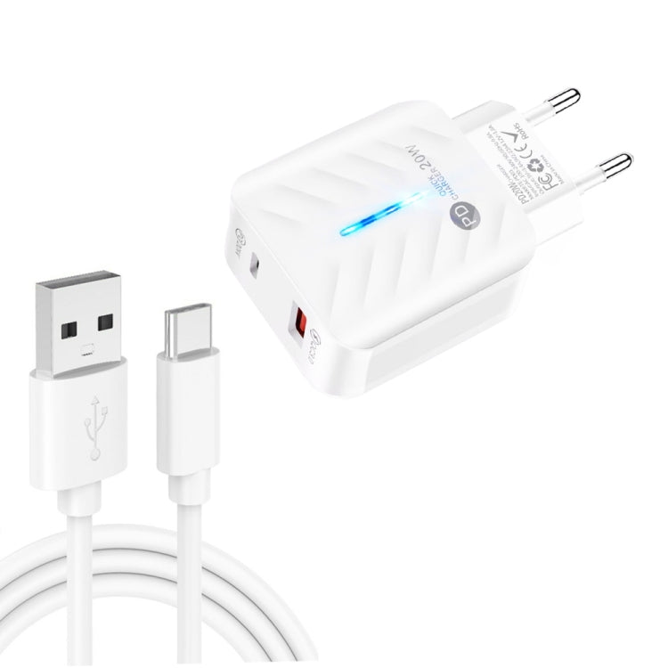 PD03 20W PD3.0 + QC3.0 USB Charger with USB to Type-C Data Cable, EU Plug, EU Plug, EU Plug + USB to Type-C Cable