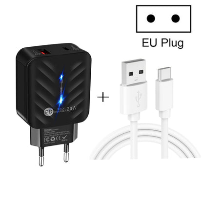 PD03 20W PD3.0 + QC3.0 USB Charger with USB to Type-C Data Cable, EU Plug, EU Plug, EU Plug + USB to Type-C Cable