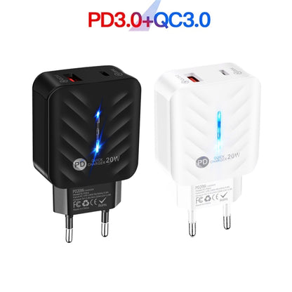PD03 20W PD3.0 + QC3.0 USB Charger with Type-C to Type-C Data Cable, EU Plug, EU Plug + Type-C to Type-C Cable