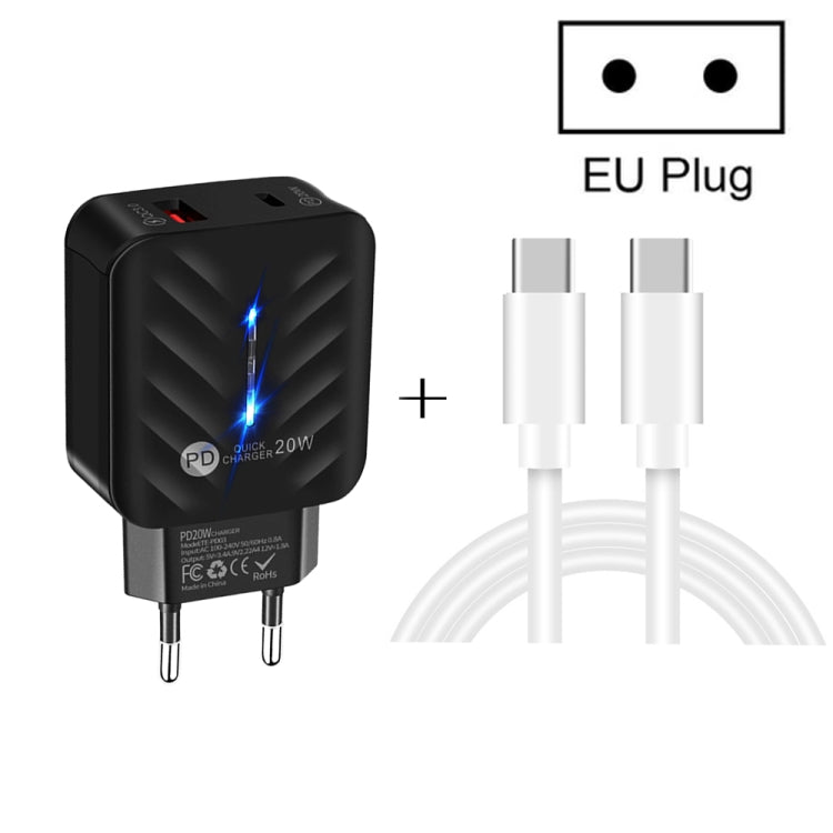 PD03 20W PD3.0 + QC3.0 USB Charger with Type-C to Type-C Data Cable, EU Plug, EU Plug + Type-C to Type-C Cable