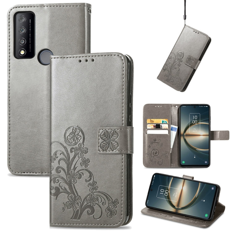 Four-leaf Clasp Embossed Buckle Leather Phone Case, For TCL 30 V 5G
