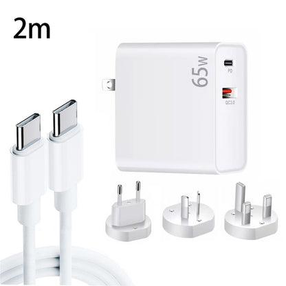 PD-65W USB-C / Type-C + QC3. 0 USB Laptop Charging Adapter + 2m USB-C / Type-C to USB-C / Type-C Data Cable Set, EU Plug / AU Plug / US Plug / UK Plug