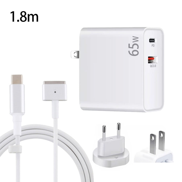 PD-65W USB-C / Type-C + QC3. 0 USB Laptop Charging Adapter + 1.8m USB-C / Type-C to MagSafe 2 / T Head Data Cable, EU Plug / US Plug