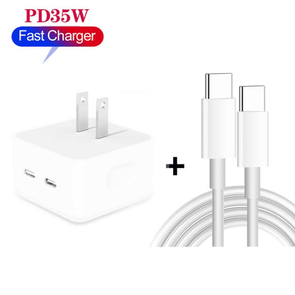 PD 35W Dual USB-C / Type-C Ports Charger with Type-C to Type-C Data Cable, US Plug, US Plug + 1m Dual Type-C Cable, US Plug + 2m Dual Type-C Cable