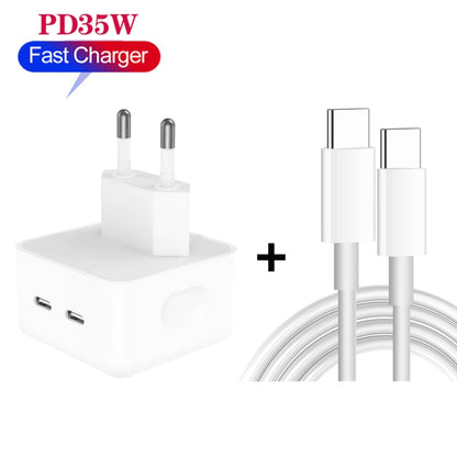 PD 35W Dual USB-C / Type-C Ports Charger with Type-C to Type-C Data Cable, EU Plug, EU Plug + 1m Dual Type-C Cable, EU Plug + 2m Dual Type-C Cable