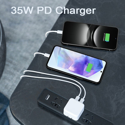 PD 35W Dual USB-C / Type-C Ports Charger with Type-C to Type-C Data Cable, EU Plug, EU Plug + 1m Dual Type-C Cable, EU Plug + 2m Dual Type-C Cable
