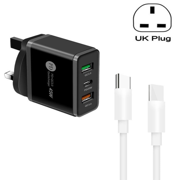 45W PD3.0 + 2 x QC3.0 USB Multi Port Charger with Type-C to Type-C Cable, UK Plug, UK Plug + Type-C to Type-C Cable