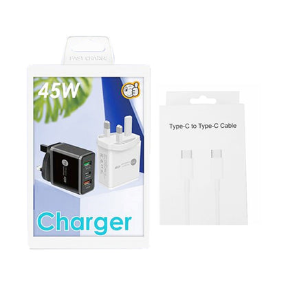 45W PD3.0 + 2 x QC3.0 USB Multi Port Charger with Type-C to Type-C Cable, UK Plug, UK Plug + Type-C to Type-C Cable