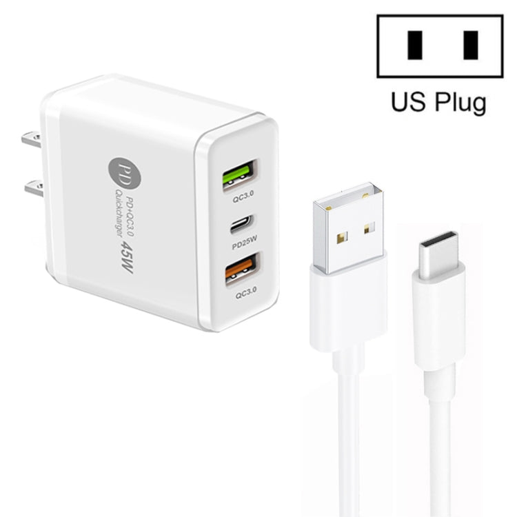 45W PD25W + 2 x QC3.0 USB Multi Port Charger with USB to Type-C Cable, US Plug, US Plug + USB to Type-C Cable