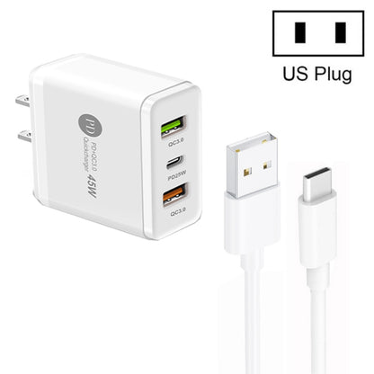 45W PD25W + 2 x QC3.0 USB Multi Port Charger with USB to Type-C Cable, US Plug, US Plug + USB to Type-C Cable
