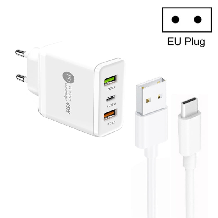 45W PD25W + 2 x QC3.0 USB Multi Port Charger with USB to Type-C Cable, EU Plug, EU Plug + USB to Type-C Cable
