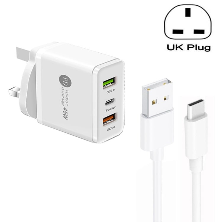 45W PD25W + 2 x QC3.0 USB Multi Port Charger with USB to Type-C Cable, UK Plug, UK Plug + USB to Type-C Cable