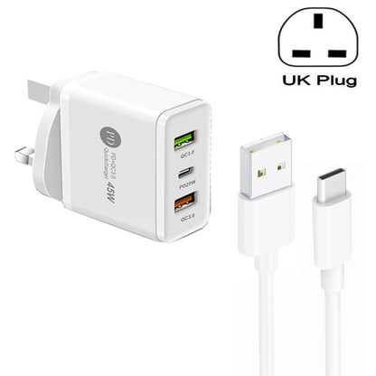 45W PD25W + 2 x QC3.0 USB Multi Port Charger with USB to Type-C Cable, UK Plug, UK Plug + USB to Type-C Cable
