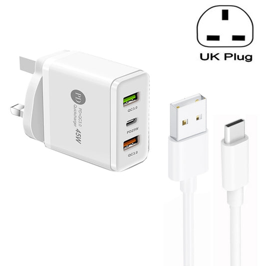 45W PD25W + 2 x QC3.0 USB Multi Port Charger with USB to Type-C Cable, UK Plug, UK Plug + USB to Type-C Cable