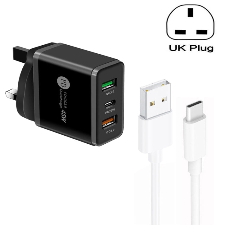 45W PD25W + 2 x QC3.0 USB Multi Port Charger with USB to Type-C Cable, UK Plug, UK Plug + USB to Type-C Cable