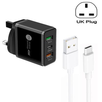 45W PD25W + 2 x QC3.0 USB Multi Port Charger with USB to Type-C Cable, UK Plug, UK Plug + USB to Type-C Cable