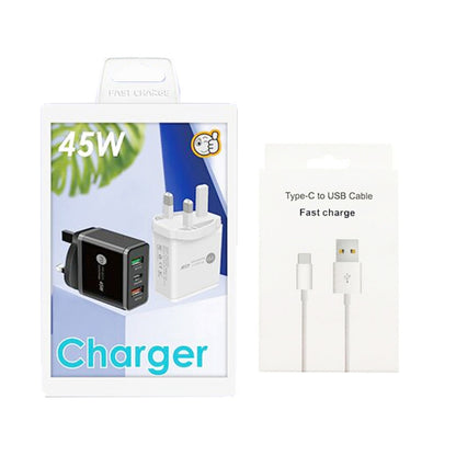 45W PD25W + 2 x QC3.0 USB Multi Port Charger with USB to Type-C Cable, UK Plug, UK Plug + USB to Type-C Cable