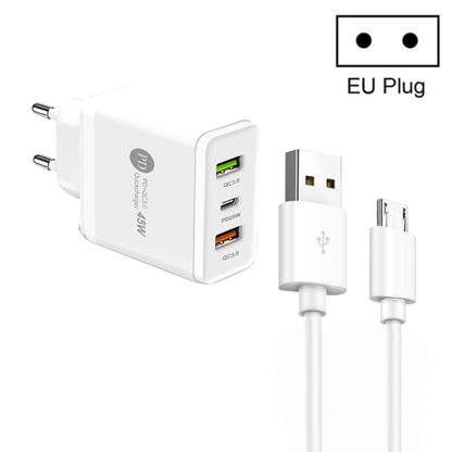 45W PD25W + 2 x QC3.0 USB Multi Port Charger with USB to Micro USB Cable, EU Plug, EU Plug + USB to Micro USB Cable