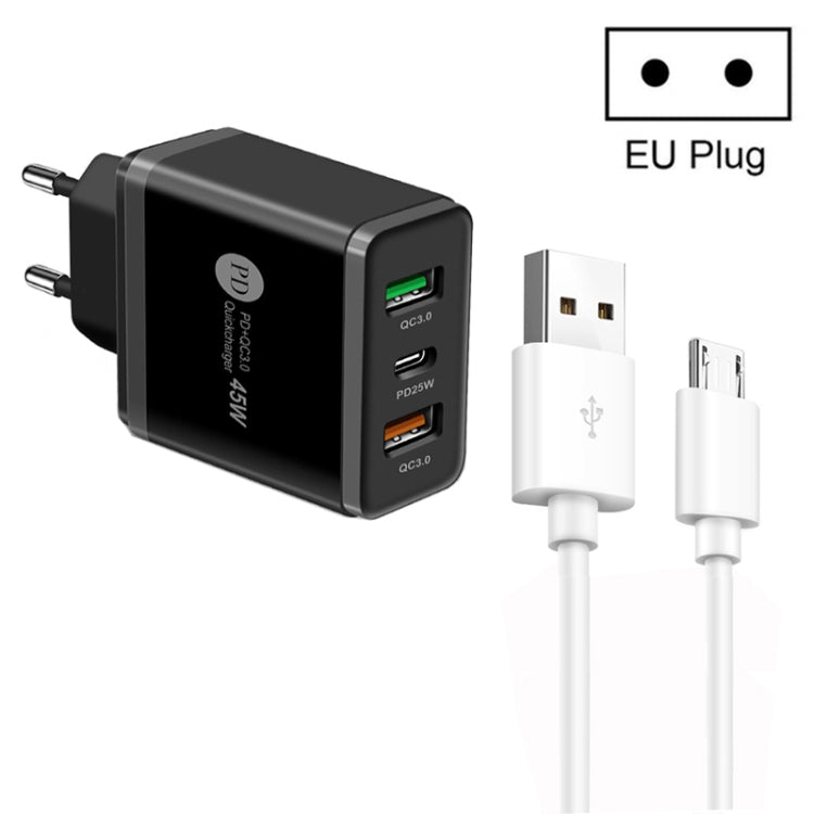 45W PD25W + 2 x QC3.0 USB Multi Port Charger with USB to Micro USB Cable, EU Plug, EU Plug + USB to Micro USB Cable