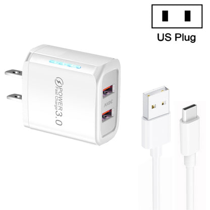 36W Dual Port QC3.0 USB Charger with 3A USB to Type-C Data Cable, US Plug, US Plug + USB to Type-C Cable